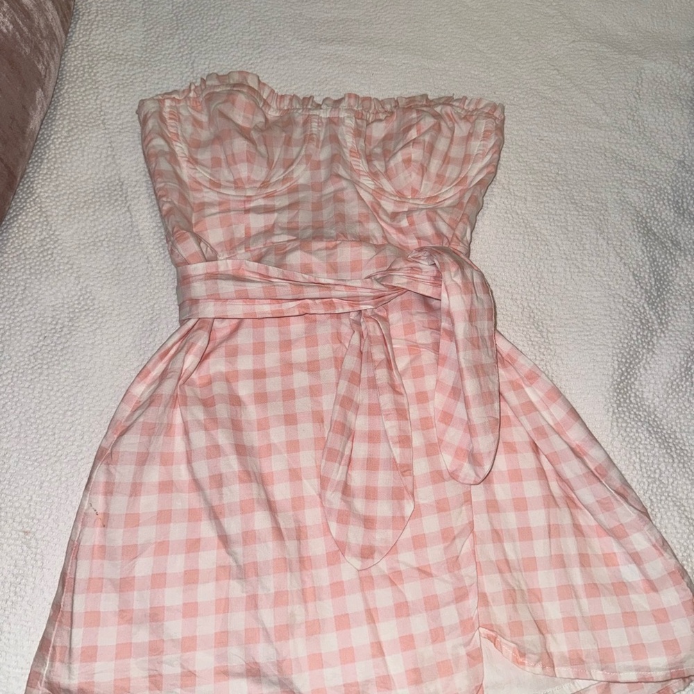 For Love And Lemons Pink and White Ruched Strapless Sundress